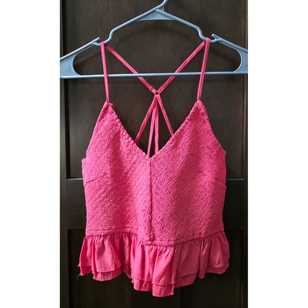 DO+BE Med Hot Pink Smocked Peplum Ruffle Hem Cami Crisscross Caged Back Straps
